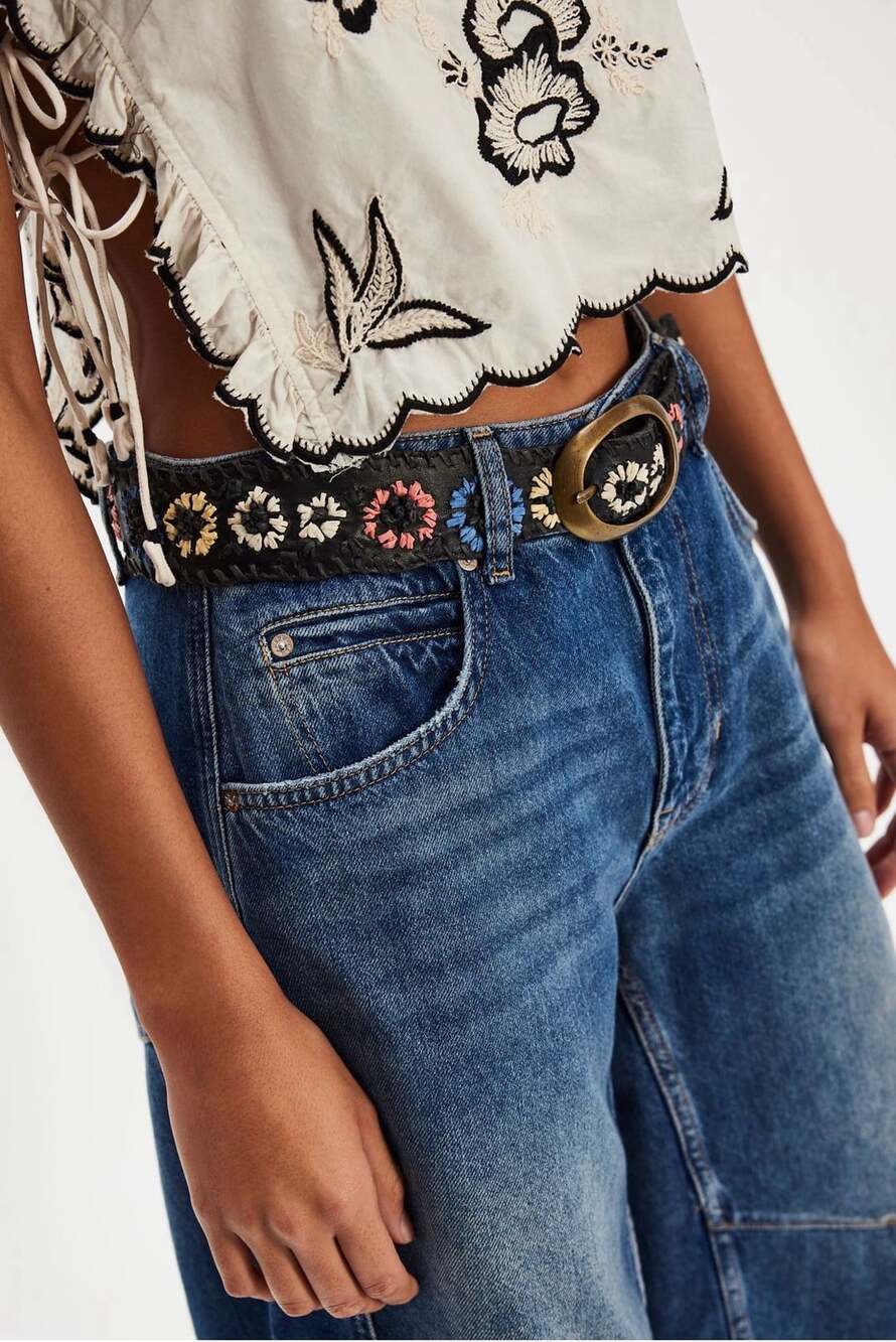 Free People Indigo Dreaming Raffia Belt Black Size Small  NWT